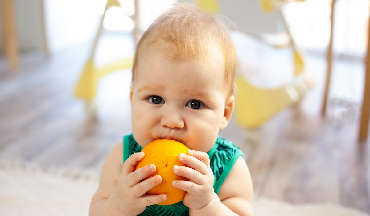 baby boy trying to bite an orange fruit