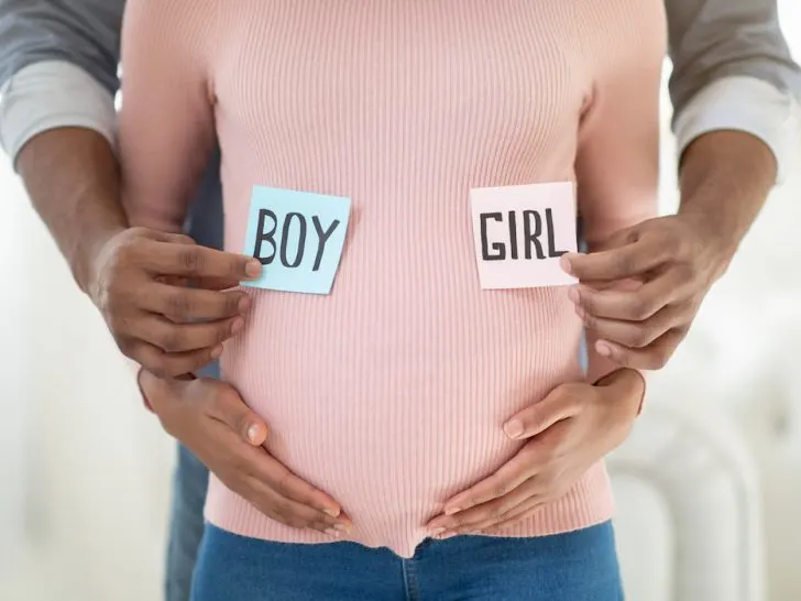 couple holding BOY and GIRL cards near pregnant belly
