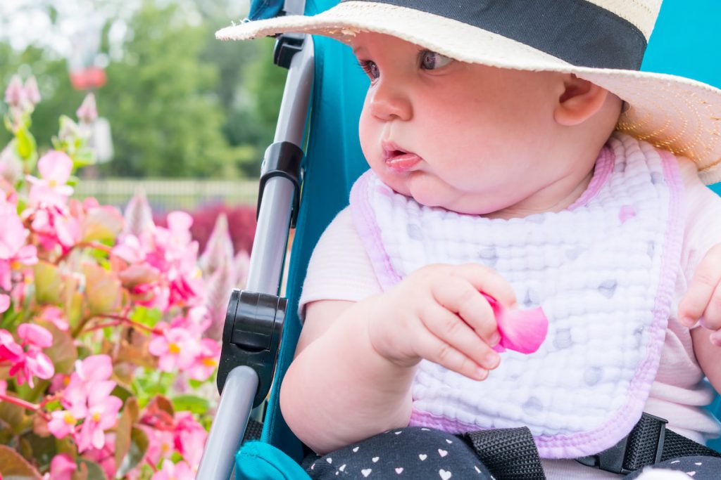Baby in sun hat holding a flower petal
