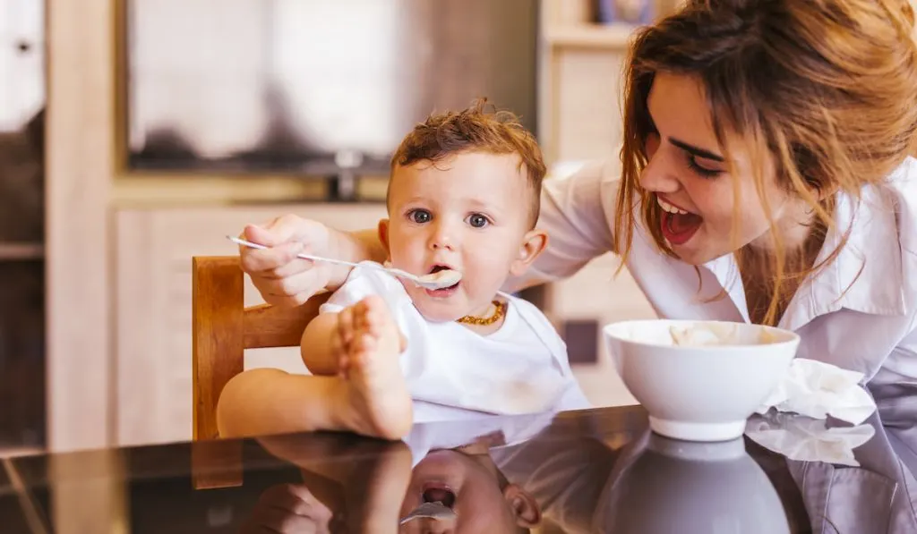 Mother feeding her little son 