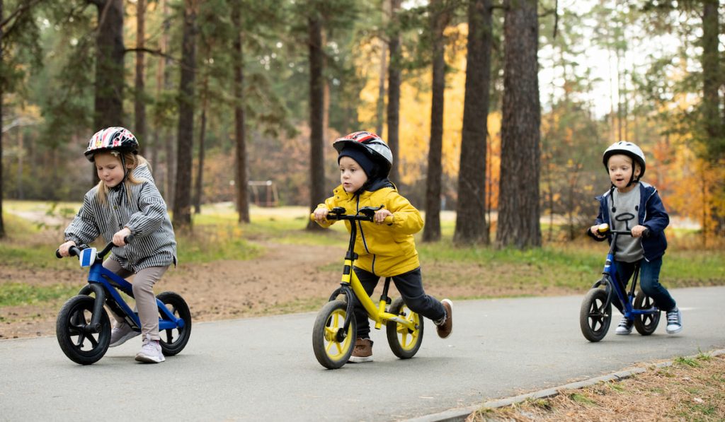 Two cute little boys and adorable blond girl riding their balance bikes in park
