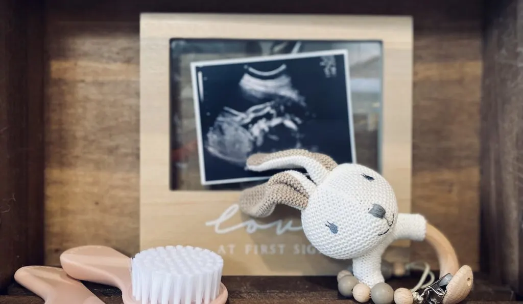 ultrasound photo in a wooden frame 