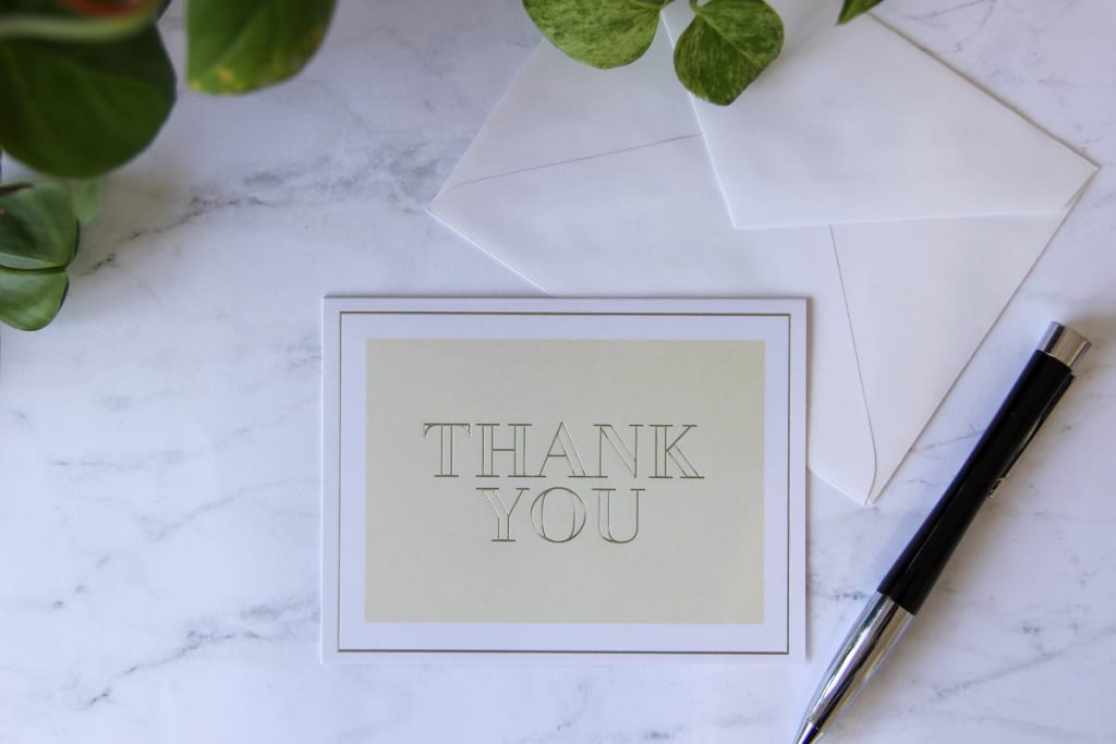 Thank you card on the table